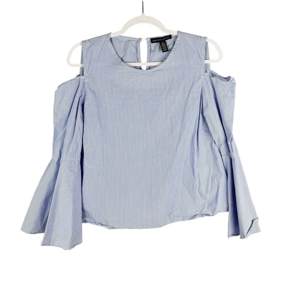 Saks Fifth Avenue Womens S Top Blue White Striped‎ Cold Shoulder Bell Sleeve